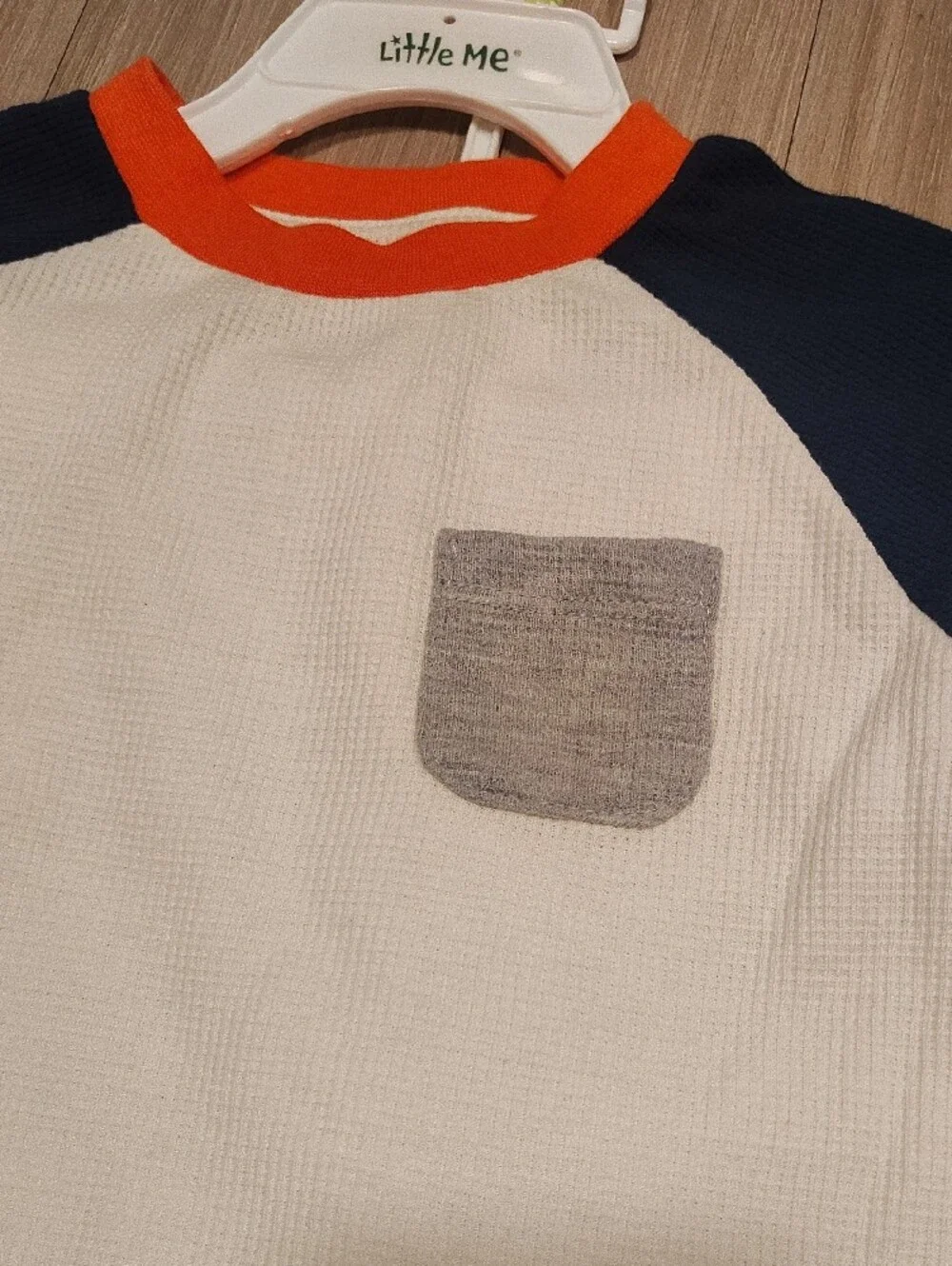 Little Me Navy Sleeve Raglan Top & Grey Joggers with Orange Neckline